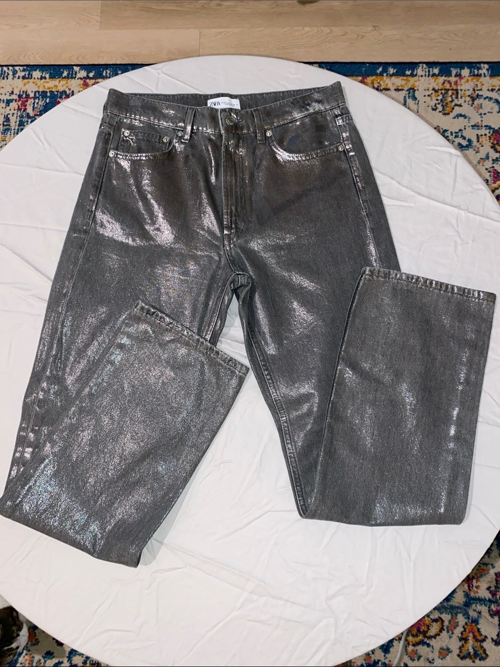 Zara Shimmering Silver Straight-Leg Jeans NWOT
